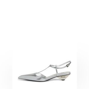 Prada Metallic Grey leather Modellerie Pointed Toe Kitten Heel Pump EU 39.5